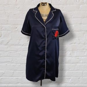 Sheln Navy Blue Satin White Trim Red Rose Embroidered Button Up Pajama Top Shirt